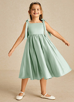 Azazie Chelsie Flower Girl Dresses Agave A-Line Bow Matte Satin Dress image1