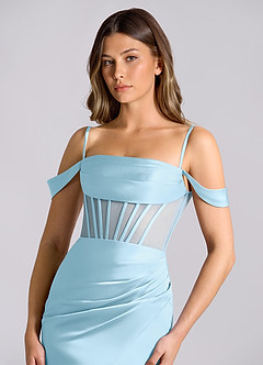 Azazie Alyce Robes de demoiselle d'honneur Robe Sirène Convertible en Satin extensible Épaule décolletée Bleu Ciel image6
