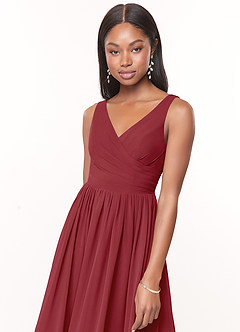 Azazie Keyla Brautjungfernkleider A-Linie V-Hals Gefaltet Chiffon Kleid Granatapfelrot image5