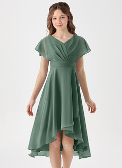 Azazie Graciela Junior Eucalyptus A-Line Pleated Chiffon Dress image3