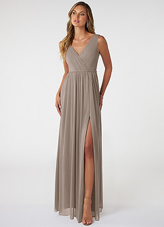 Azazie Tanicia Bridesmaid Dresses Taupe A-Line V-Neck Pleated Mesh Dress image1