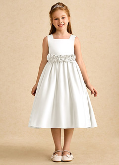Azazie Peaches Flower Girl Dresses Ivory A-Line Bow Matte Satin Dress image1