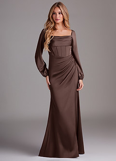 Azazie Charissa Bridesmaid Dresses Ganache Sheath Long Sleeve Stretch Satin Dress image3