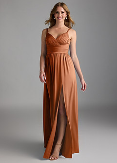 Azazie Chanel Final Sale Copper A-Line Pleated Stretch Satin Dress image1
