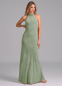 Azazie Velli Vestidos de damas de honor Vestido de Salvia Polvorienta de terciopelo de Corte Sirena con Cuello Alto image4