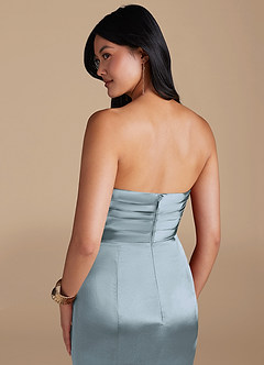 Azazie Yola Bridesmaid Dresses Dusty Blue Sheath Pleated Metallic Satin Dress image3