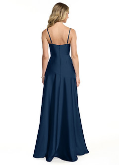 Azazie Kayla Bridesmaid Dresses Dark Navy Sheath Side Slit Stretch Satin Dress image2