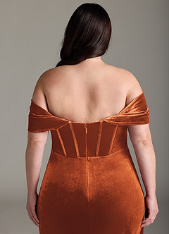 Azazie Jas Bridesmaid Dresses Burnt Orange Sheath Off-The-Shoulder Corset Velvet Convertible Dress image16