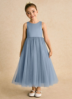 Azazie Solia Robe Demoiselle D'honneur Fillette Robe Princesse en Tulle Arc Bleu Poussiéreux image3