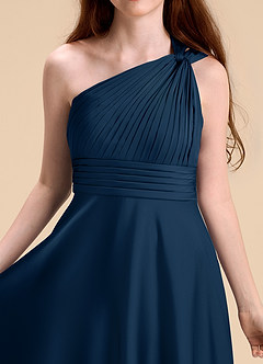 Azazie Charlize Junior Dark Navy A-Line Pleated Stretch Satin Dress image7