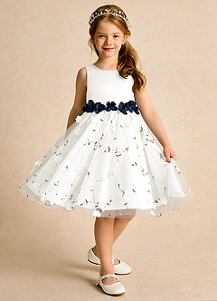 Azazie Starri Abiti da Ragazza di Fiori Abito Principessa in Raso Opaco Perline Avorio Blu Scuro image3