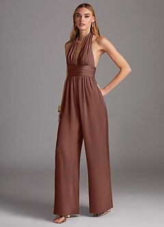 Azazie Oli Bridesmaid Dresses Espresso Pleated Stretch Satin Jumpsuit image4