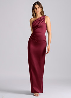 Azazie Akilah Bridesmaid Dresses Burgundy Mermaid One Shoulder Stretch Satin Dress image4