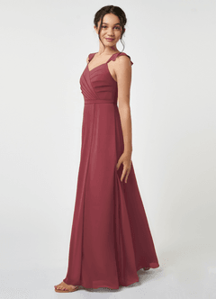 Azazie Emily Junior Robe Trapèze en Mousseline de soie Rayé Merlot image3