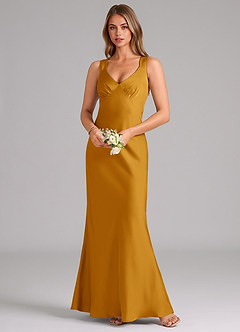 Azazie Kamila Robes de demoiselle d'honneur Robe Trapèze en Satin extensible Plissée Caramel écossais image4