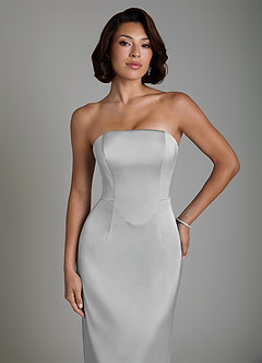 Azazie Fallyn Vestidos de damas de honor Vestido Plata de Satén Elástico de Corte Recto con Corsé image4