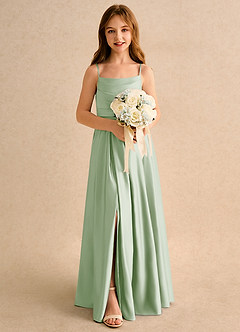 Azazie Reia Junior Formal Flower Girl Dresses Dusty Sage A-Line Pleated Matte Satin Dress image3