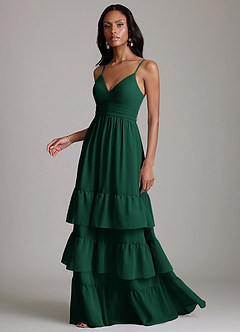 Azazie Nathalia Probar vestidos en casa Vestido de Esmeralda de Gasa de Corte en A con Volante image5