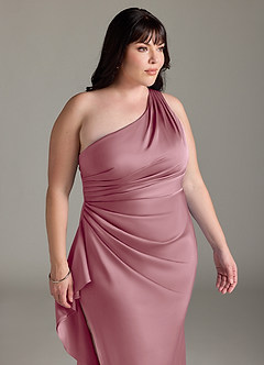 Azazie Latrice Bridesmaid Dresses Vintage Mauve Sheath One Shoulder Cascading Ruffles Stretch Satin Dress image11