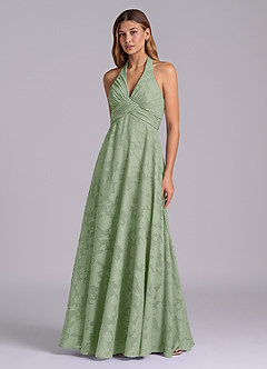 Azazie Tessie 신부 들러리 드레스 A라인 주름진 플로럴 번아웃 바닥 길이 드레스 image3