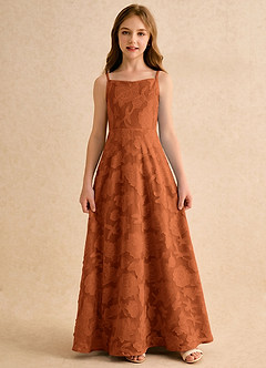 Azazie Jaella Girls Formal Robe Demoiselle D'honneur Fillette Robe Trapèze en Blumen-Burnout Plissé Orange Brûlée image3