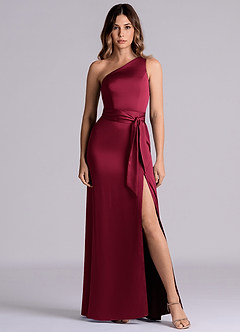 Azazie Phaedra Bridesmaid Dresses Burgundy A-Line One Shoulder Stretch Satin Dress image2