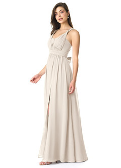 Azazie Olani Vestidos de damas de honor Vestido Alabastro Blanco de Gasa de Línea A Convertible con Un hombro image4