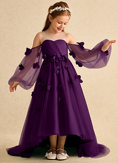 Azazie Karrie Flower Girl Dresses Grape A-Line with Sleeves Tulle Dress image4
