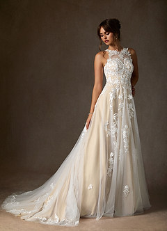 Azazie Melrose Wedding Dresses Diamond White Champagne A-Line Sweetheart Lace Tulle Dress image3