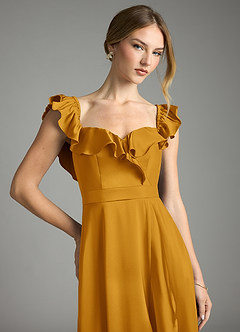 Azazie Lyra Bridesmaid Dresses Butterscotch A-Line Off the Shoulder Stretch Satin Convertible Dress image2