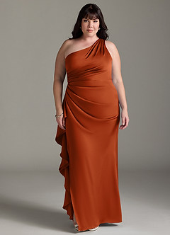 Azazie Latrice Bridesmaid Dresses Burnt Orange Sheath One Shoulder Cascading Ruffles Stretch Satin Dress image6