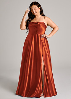 Azazie Elle Bridesmaid Dresses Paprika A-Line with Pockets Metallic Satin Dress image10