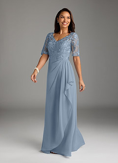Azazie Amedeus Mother of the Bride Dresses Dusty Blue A-Line V-Neck Lace Chiffon Dress image1