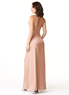 Azazie Geanna Robes de demoiselle d'honneur Robe Fourreau en Satin extensible Col V plissé Or Rose image4