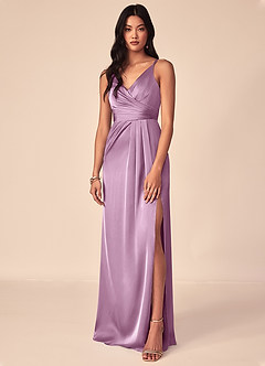 Azazie Aqua Bridesmaid Dresses Wisteria A-Line V-Neck Pleated Stretch Satin Dress image1