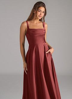 Azazie Shaude Bridesmaid Dresses Terracotta A-Line Pleated Stretch Satin Dress image2