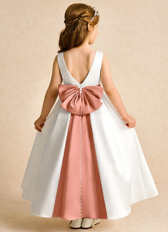 Azazie Cherry Flower Girl Dresses Ivory Mai Tai Ball-Gown Pleated Matte Satin Dress image1