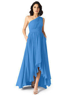 Azazie Mathilda Vestidos de damas de honor Vestido de Azul Grisaceo de Gasa de Corte en A con Hombro unilateral image1