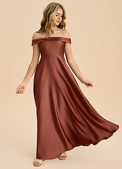Azazie Sissy Junior Auburn A-Line Off the Shoulder Stretch Satin Dress image5