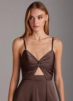 Azazie Jenna 신부 들러리 드레스 A라인 주름진 스트레치 새틴 바닥 길이 드레스 image6