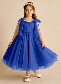 Azazie Dori Robe Demoiselle D'honneur Fillette Robe Trapèze en Tulle Rayé Bleu Roi image2
