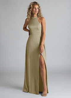 Azazie Clarice Bridesmaid Dresses Moss Green A-Line High Neck Stretch Satin Dress image5