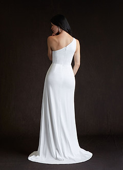 Azazie Tipton At-home Try On Dresses Diamond White Sheath One Shoulder Crepe Back Satin Dress image2
