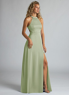 Azazie Clarice Bridesmaid Dresses Dusty Sage A-Line High Neck Stretch Satin Dress image2