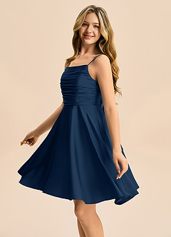 Azazie Miko Junior Dark Navy A-Line Pleated Stretch Satin Dress image7