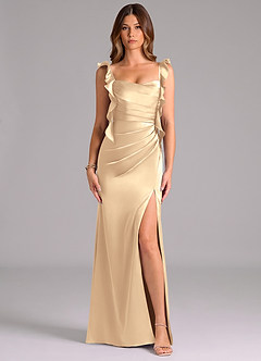 Azazie Jessamine Bridesmaid Dresses Gold Mermaid Corset Metallic Satin Dress image1