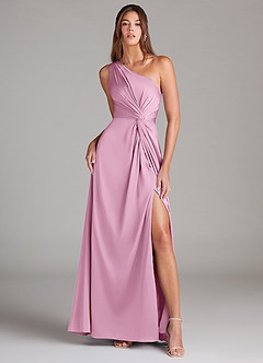 Azazie Brooke Bridesmaid Dresses Candy Pink A-Line One Shoulder Stretch Satin Dress image7