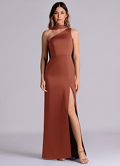 Azazie Phaedra Bridesmaid Dresses Auburn A-Line One Shoulder Stretch Satin Dress image1