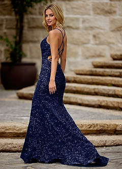 Luxey Bleu Marine Robe de bal en velours à paillettes image4