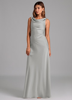 Azazie Nerine 신부 들러리 드레스 A라인 주름진 스트레치 새틴 바닥 길이 드레스 image1